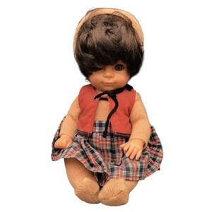 Vintage Gotz Spielfreundin Doll Brown Hair Red Plaid Vest Outfit Tan Beanie